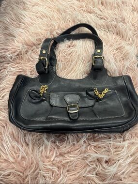 Ellen Tracy Black Leather Shoulder Bag with Gold Hardware